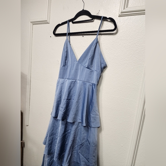 Lulus Going with Elegance Slate Blue Satin Tiered Gown Wedding Party Prom Formal - Picture 7 of 8